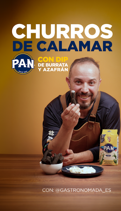 Edcar Trejo con los churros de calamar, el dip de burrata y azafrán y harina P.A.N.